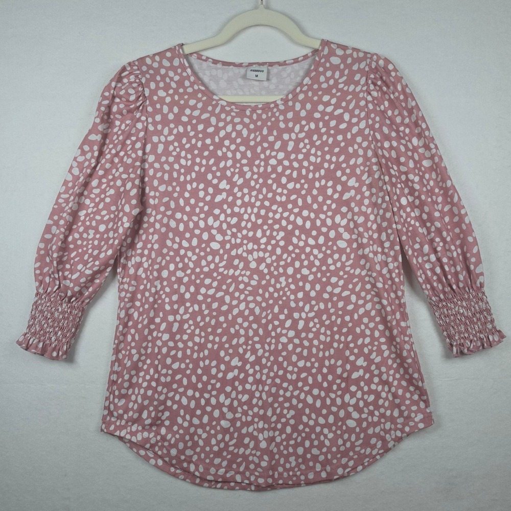 XIEERDUO Polka Dot Blouse Medium Pink White Smocked Cuffs Top
